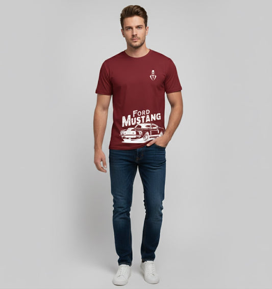 RIVANORA Classic Vintage Car Graphic Tee — Men's Ford Mustang T-Shirt ( Maroon )