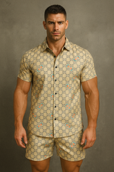 RIVANORA Men’s Printed Co-Ord Set | Short Sleeve Shirt & Shorts | Premium Fabric | Casual Summer Wear for Men ( Beige)