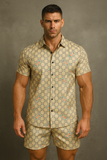 RIVANORA Men’s Printed Co-Ord Set | Short Sleeve Shirt & Shorts | Premium Fabric | Casual Summer Wear for Men ( Beige)