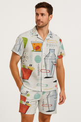 RIVANORA Men’s Printed Co-Ord Set – Shirt & Shorts | Trendy Casual Wear ( Gray )