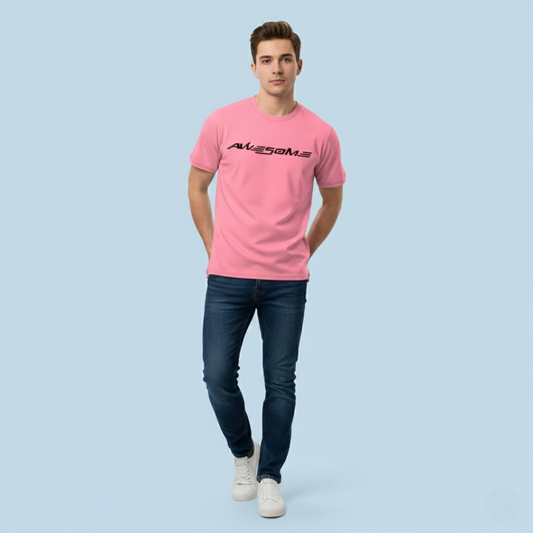 RIVANORA Men’s “Awesome” Graphic T-Shirt — Premium Casual Tee for Everyday Wear ( Pink )