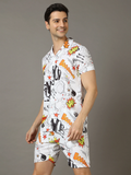 RIVANORA Men’s Comic Print Co-Ord Set – Shirt & Shorts ( White )