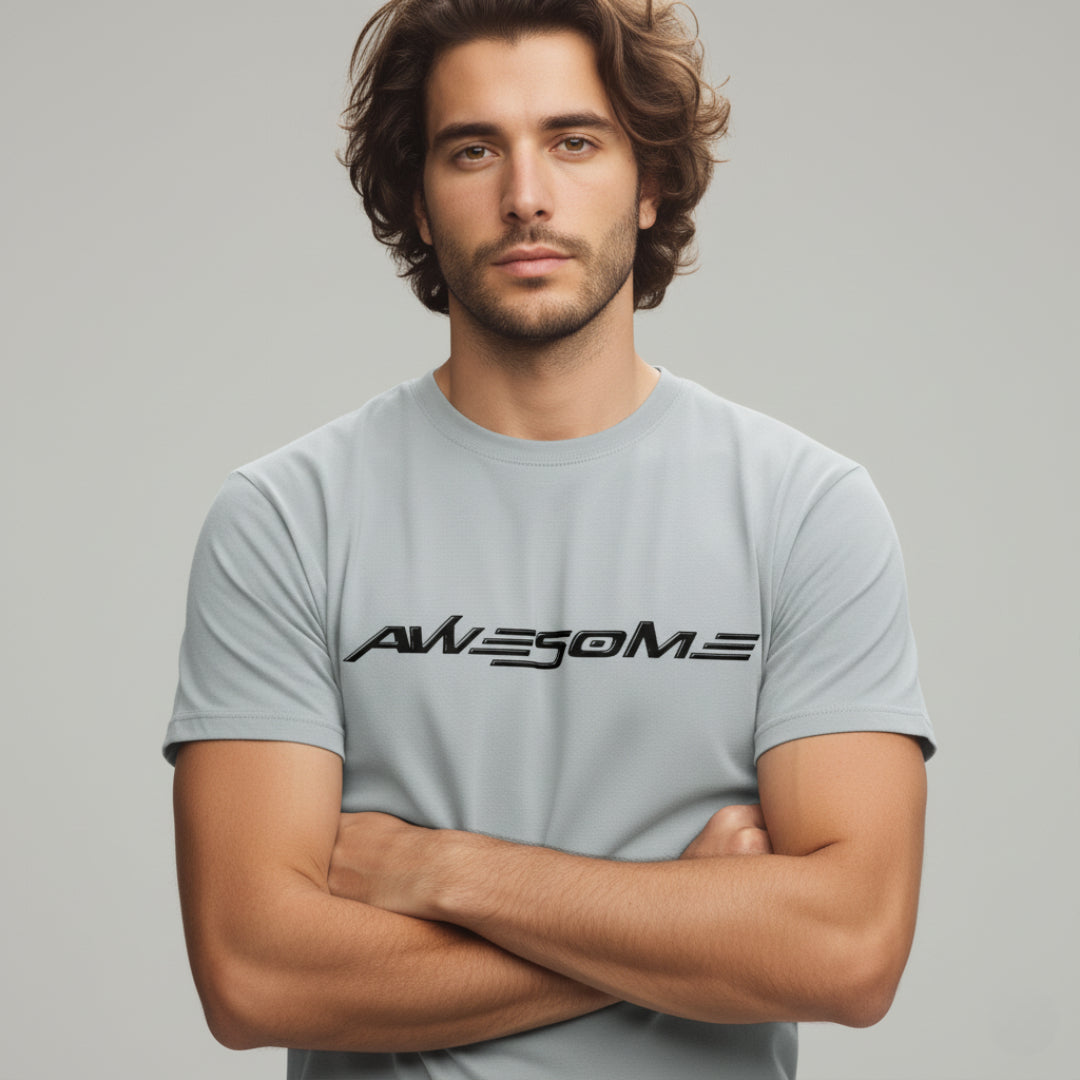 RIVANORA Men’s “Awesome” Graphic T-Shirt — Premium Casual Tee for Everyday Wear ( Gray )