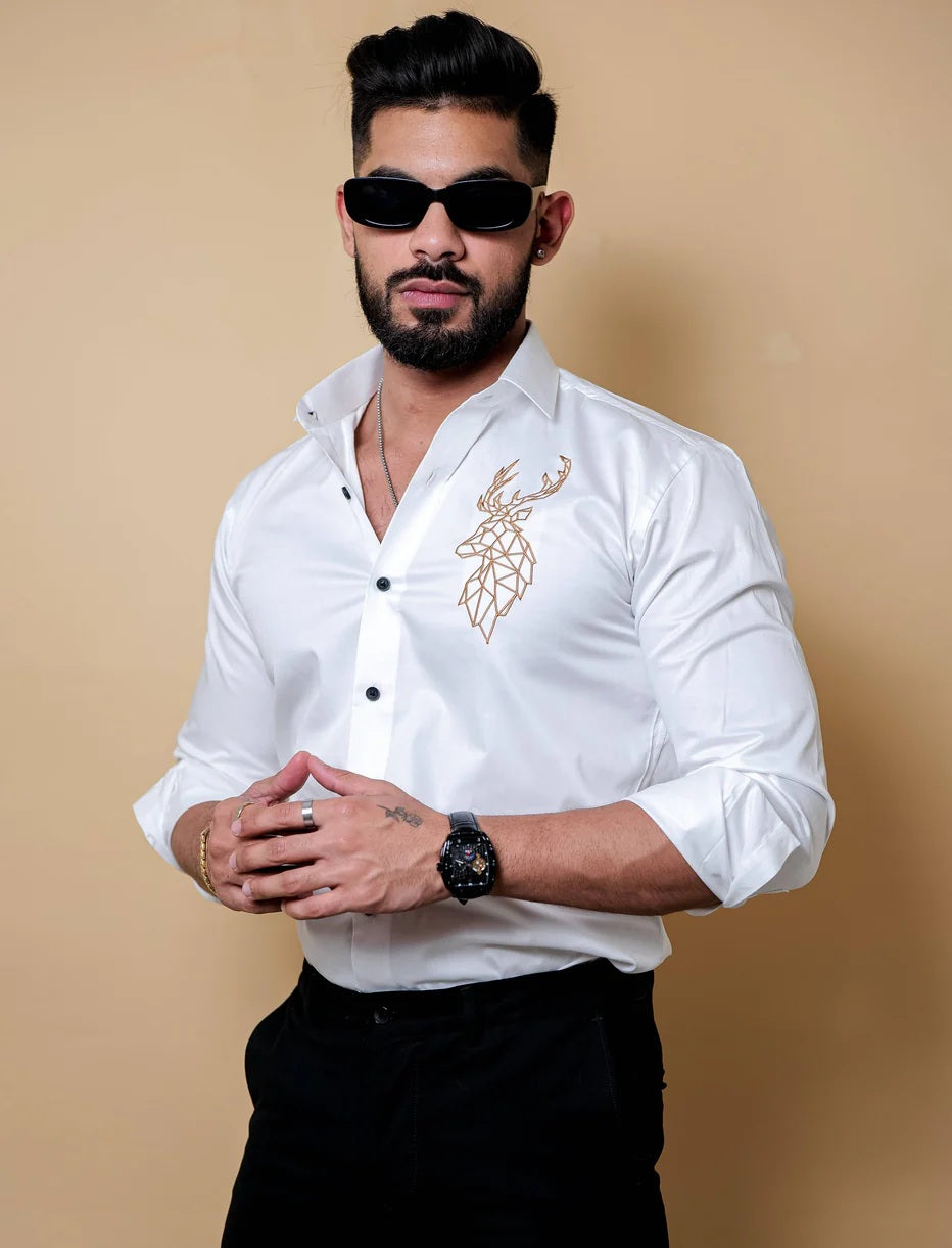 RIVANORA Premium Men’s White Shirt with Royal Deer Embroidery ( White )