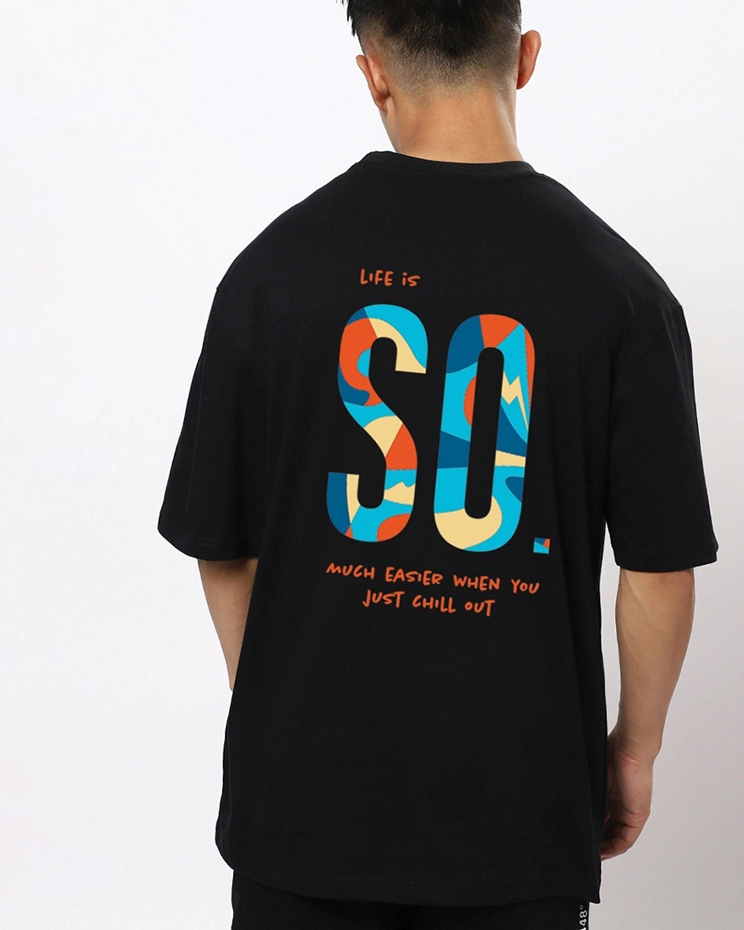 RIVANORA Men’s Black Oversized Back Print T-Shirt – “Life Is So” Chill Streetwear Tee ( Black )