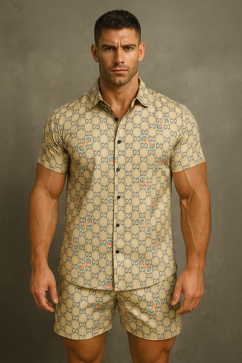 RIVANORA Men’s Printed Co-Ord Set | Short Sleeve Shirt & Shorts | Premium Fabric | Casual Summer Wear for Men ( Beige)