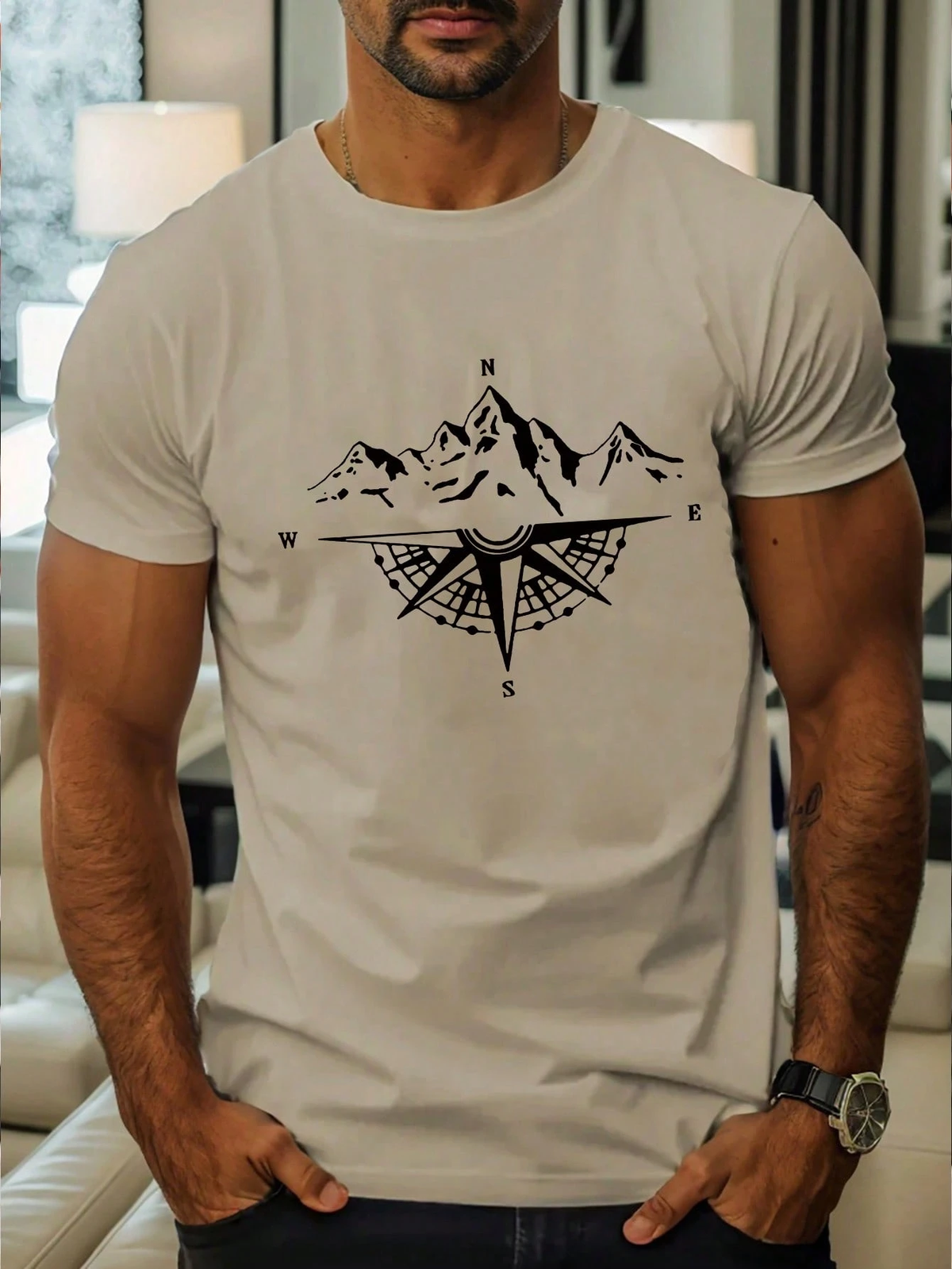 Simple Compass Print Men's Short Sleeve T-Shirts, Comfy Casual Elastic Crew Neck Tops For Men's