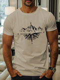 Simple Compass Print Men's Short Sleeve T-Shirts, Comfy Casual Elastic Crew Neck Tops For Men's