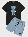 Blue Bear & Letter Printed T-Shirt And Woven Shorts 2pcs/Set
