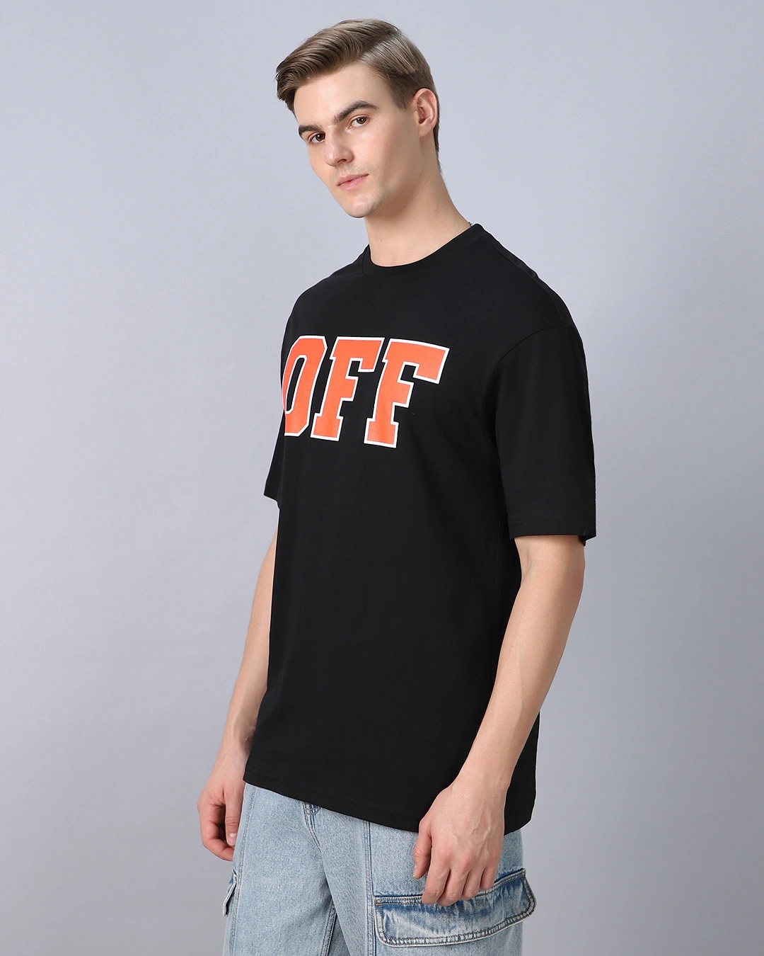 RIVANORA Men’s Black “OFF” Oversized Printed T-Shirt – Streetwear Essential ( Black )