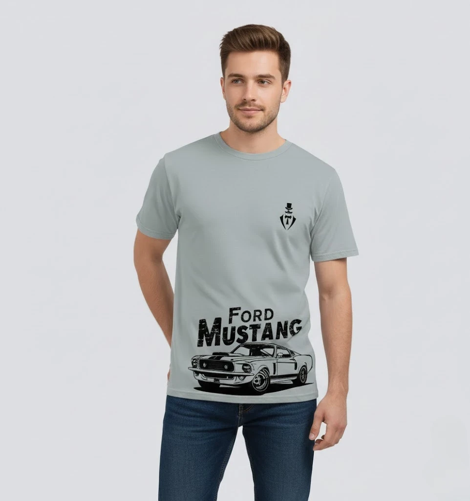 RIVANORA Classic Vintage Car Graphic Tee — Men's Ford Mustang T-Shirt ( Gray )