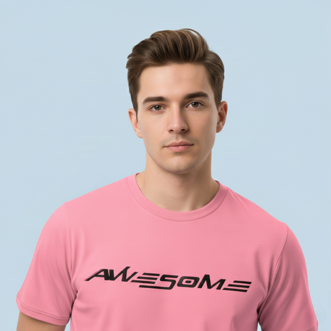 RIVANORA Men’s “Awesome” Graphic T-Shirt — Premium Casual Tee for Everyday Wear ( Pink )