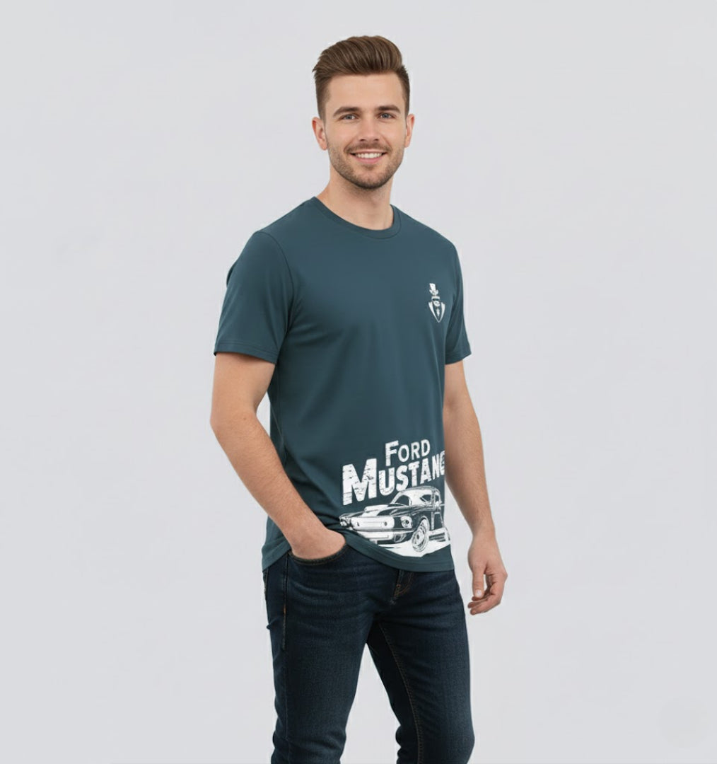 RIVANORA Classic Vintage Car Graphic Tee — Men's Ford Mustang T-Shirt ( Royal Blue )