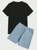 Blue Bear & Letter Printed T-Shirt And Woven Shorts 2pcs/Set