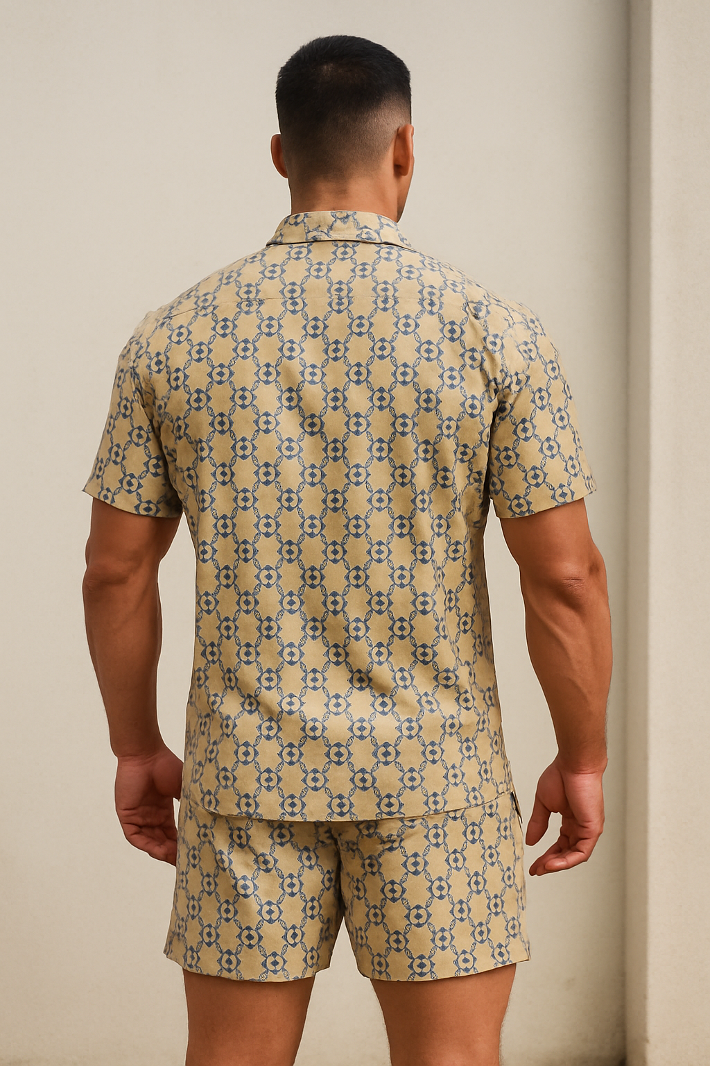 RIVANORA Men’s Printed Co-Ord Set | Short Sleeve Shirt & Shorts | Premium Fabric | Casual Summer Wear for Men ( Beige)