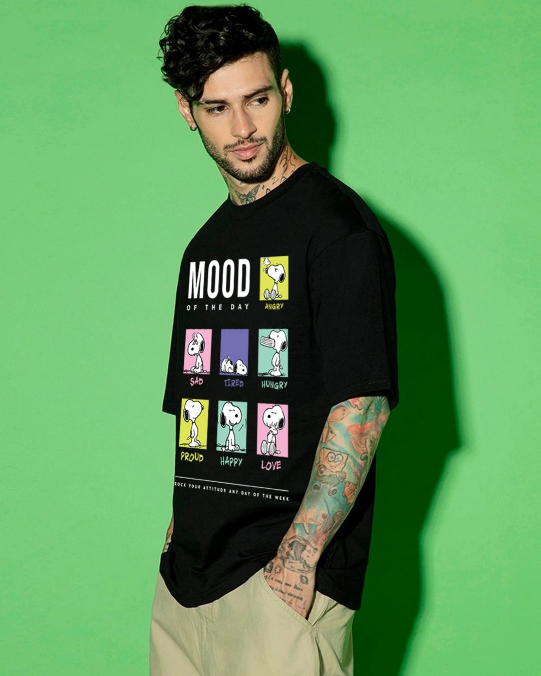 RIVANORA Men’s Oversized Graphic T-Shirt | Mood of the Day Printed Tee ( Black )