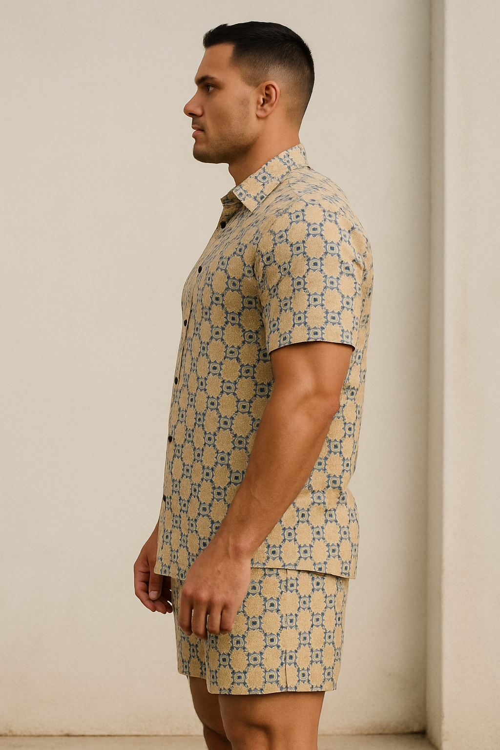 RIVANORA Men’s Printed Co-Ord Set | Short Sleeve Shirt & Shorts | Premium Fabric | Casual Summer Wear for Men ( Beige)