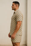RIVANORA Men’s Printed Co-Ord Set | Short Sleeve Shirt & Shorts | Premium Fabric | Casual Summer Wear for Men ( Beige)