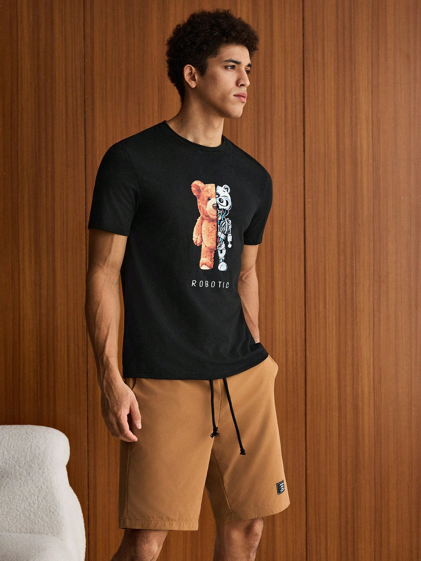Bear & Letter Printed T-Shirt And Woven Shorts 2pcs/Set