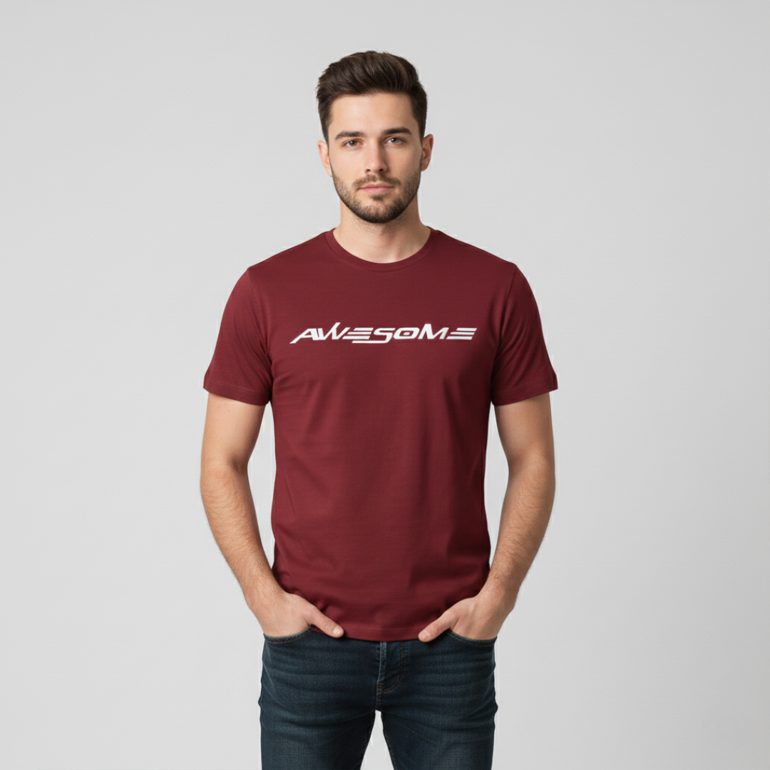RIVANORA Men’s “Awesome” Graphic T-Shirt — Premium Casual Tee for Everyday Wear ( Maroon )