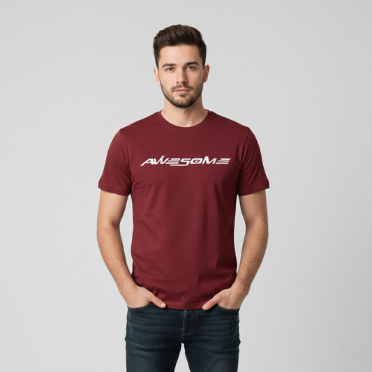 RIVANORA Men’s “Awesome” Graphic T-Shirt — Premium Casual Tee for Everyday Wear ( Maroon )