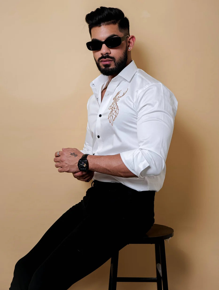 RIVANORA Premium Men’s White Shirt with Royal Deer Embroidery ( White )