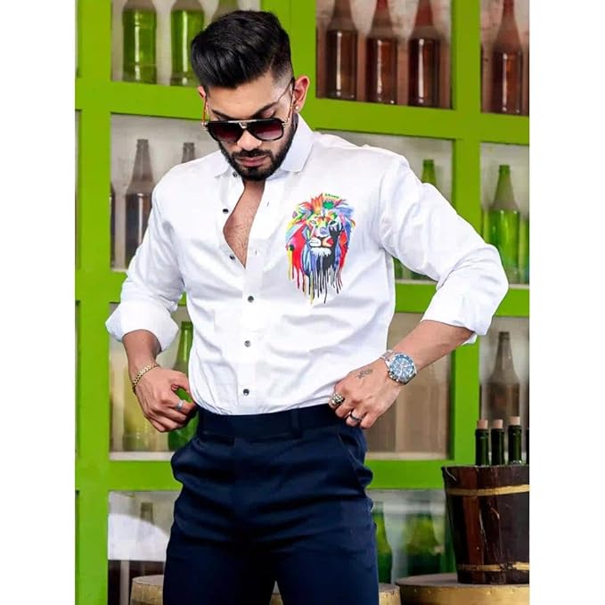 RIVANORA Premium Men’s White Designer Shirt with Bold Lion DTF ( White )