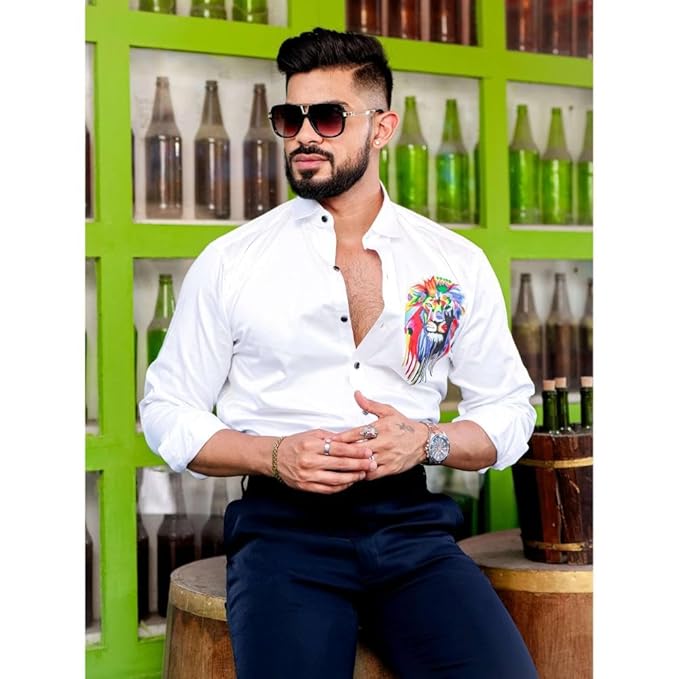 RIVANORA Premium Men’s White Designer Shirt with Bold Lion DTF ( White )