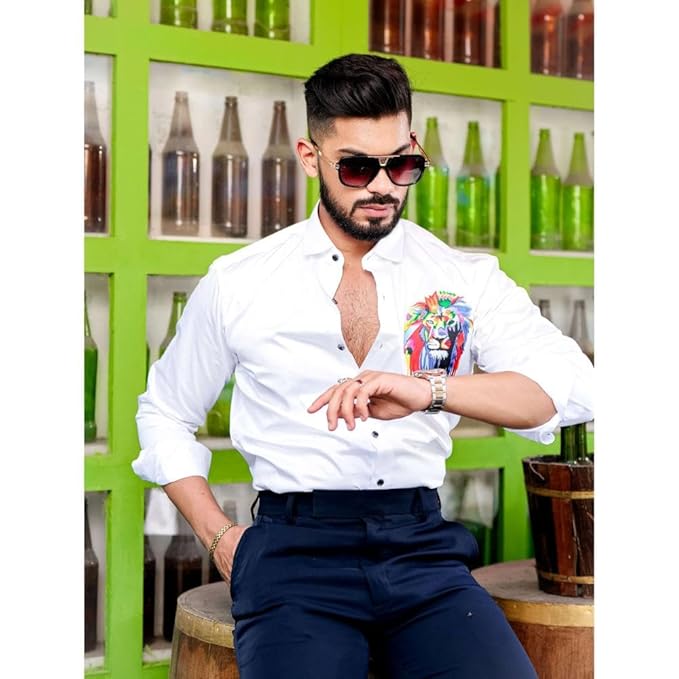 RIVANORA Premium Men’s White Designer Shirt with Bold Lion DTF ( White )