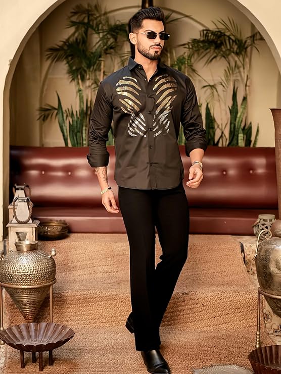 RIVANORA Luxury Men’s Black Designer Shirt with Gold Embroidered Artwork ( Black )