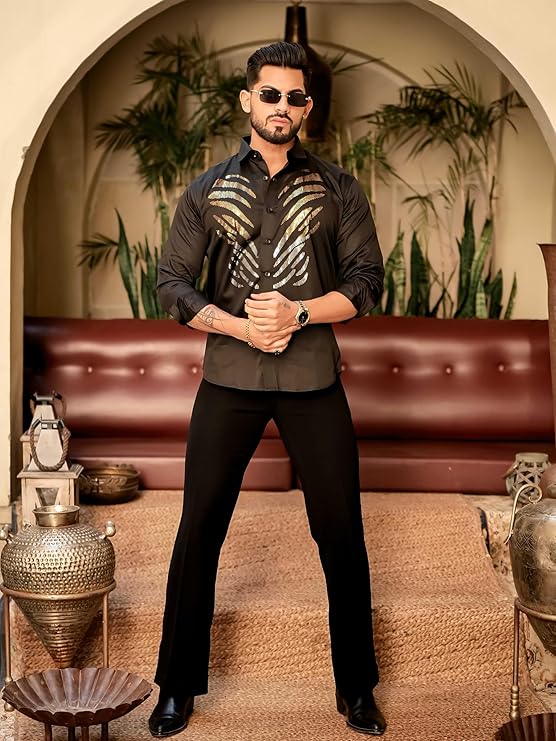 RIVANORA Luxury Men’s Black Designer Shirt with Gold Embroidered Artwork ( Black )